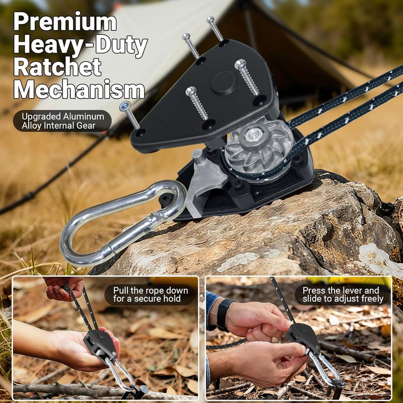 Keepark Camping Rope Tarp Tie Down Ropes with Ratchet System, Pulley & Reinforced Metal Gear - Heavy Duty Adjustable Guy Lines for Canopy Tent, Quick Setup Outdoor Strap (1/6-Inch Diameter x 16 Feet Long) - Image 2